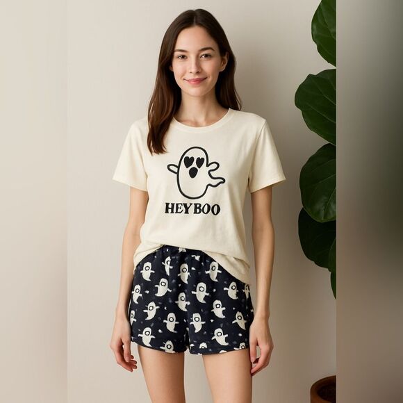 Forever 21 Halloween Pajamas ‘Hey Boo’ Ghost Shorts and Short Sleeve T-Shirt Set - Picture 6 of 6